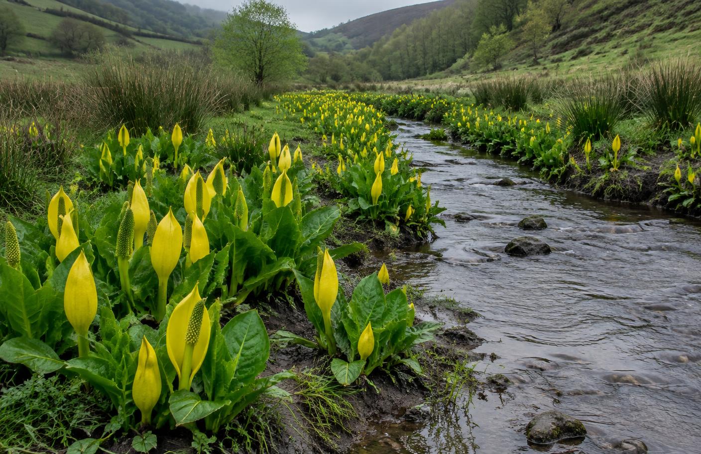 A Welsh stream crowded with yellow American skunk cabbage flowers on its banks